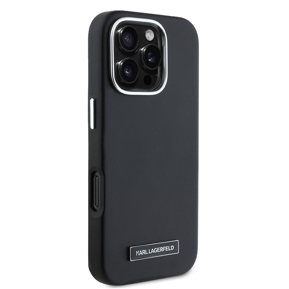 iPhone 16 Pro Kılıf Karl Lagerfeld orijinal Lisanslı M-safe Şarj Özellikli Metal Kamera ve Buton Tasarımlı Plaka Logolu PU Deri Kılıf