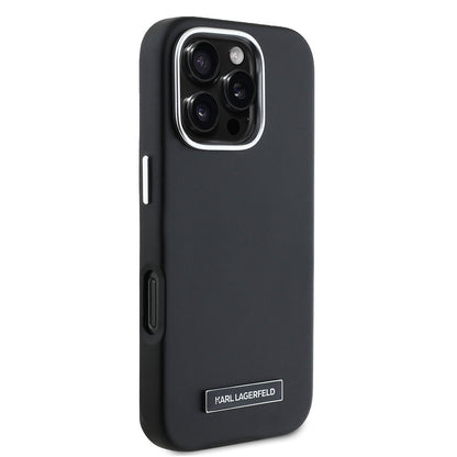 iPhone 16 Pro Kılıf Karl Lagerfeld orijinal Lisanslı M-safe Şarj Özellikli Metal Kamera ve Buton Tasarımlı Plaka Logolu PU Deri Kılıf