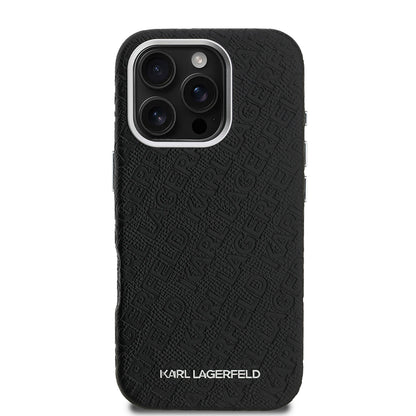 iPhone 16 Pro Kılıf Karl Lagerfeld orijinal Lisanslı PU Deri Damgalı Metal Yazı Logolu Kılıf