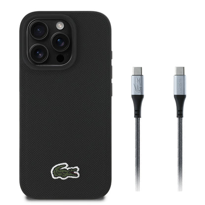 iPhone 16 Pro Kılıf Lacoste Orijinal Lisanslı PU Pike Desenli Arka Yüzey İkonik Timsah Dokuma Logolu Kılıf + Type-C Kablo 1.5m