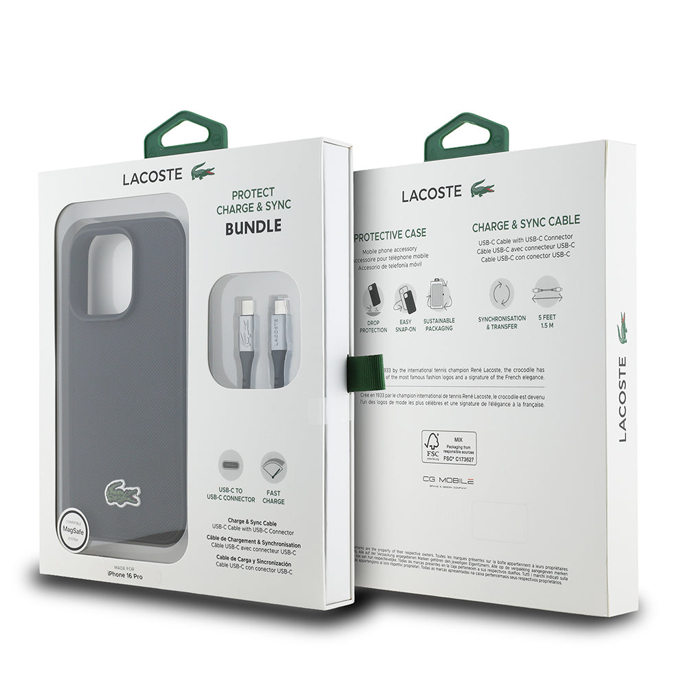 iPhone 16 Pro Kılıf Lacoste orijinal Lisanslı PU Pike Desenli Arka Yüzey İkonik Timsah Dokuma Logolu Kılıf + Type-C Kablo 1.5m