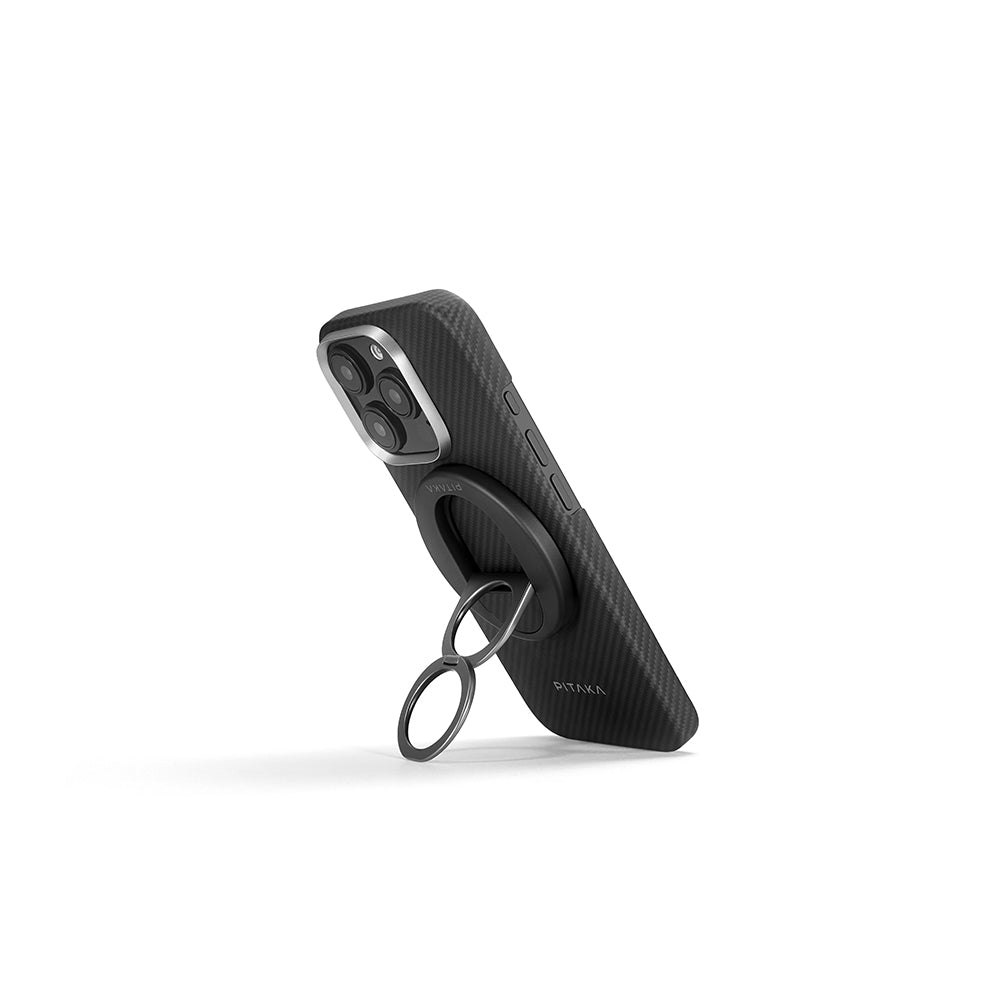 iPhone 16 Pro Kılıf M-safe Şarj Özellikli Grip 3 Standlı 600D Aramid Fiber Pitaka Ultra-Slim Classic Serisi Black-Grey Twill Kılıf