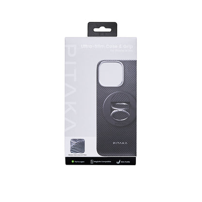 iPhone 16 Pro Kılıf M-safe Şarj Özellikli Grip 3 Standlı 600D Aramid Fiber Pitaka Ultra-Slim Classic Serisi Black-Grey Twill Kılıf