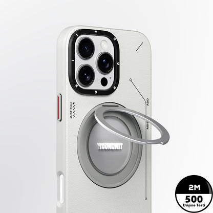 iPhone 16 Pro Kılıf M-safe Şarj Özellikli 360° Standlı Basit Mat Deri Desenli Youngkit Tech Leather Serisi Kılıf