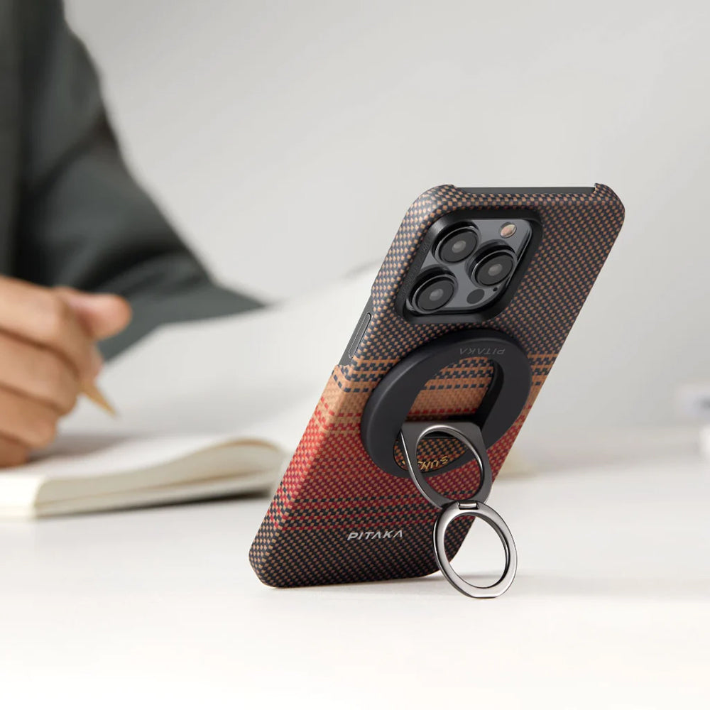 iPhone 16 Pro Kılıf M-safe Şarj Özellikli Grip 3 Standlı Aramid Fiber Pitaka Tactile Woven Sunset-Moonrise Serisi Sunset Kılıf