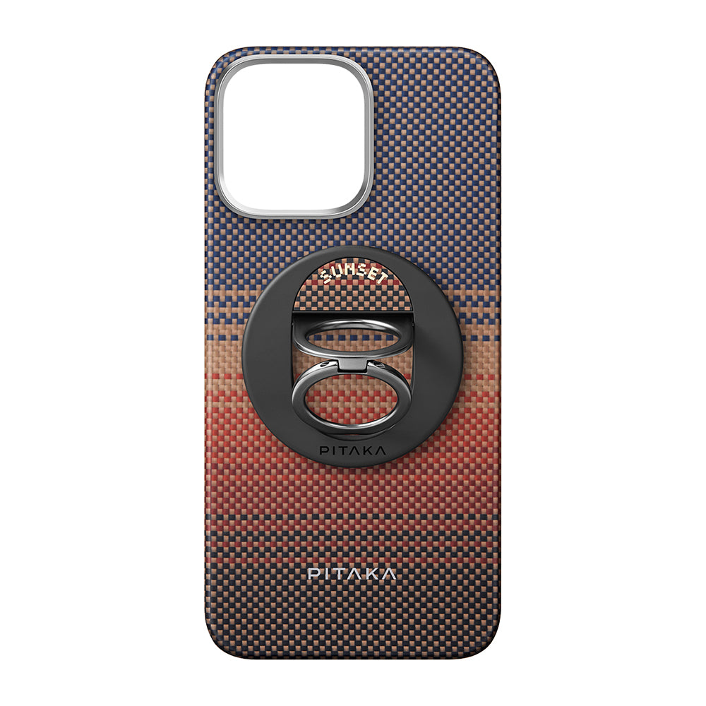 iPhone 16 Pro Kılıf M-safe Şarj Özellikli Grip 3 Standlı Aramid Fiber Pitaka Tactile Woven Sunset-Moonrise Serisi Sunset Kılıf