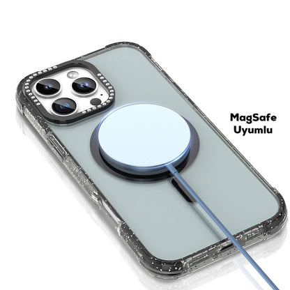 iPhone 16 Pro Kılıf M-safe Şarj Özellikli Taşlı ve Simli Tasarım Mutural Blink Kılıf