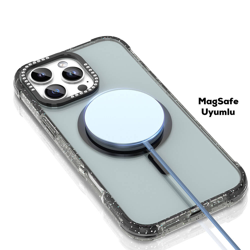 iPhone 16 Pro Kılıf M-safe Şarj Özellikli Taşlı ve Simli Tasarım Mutural Blink Kılıf