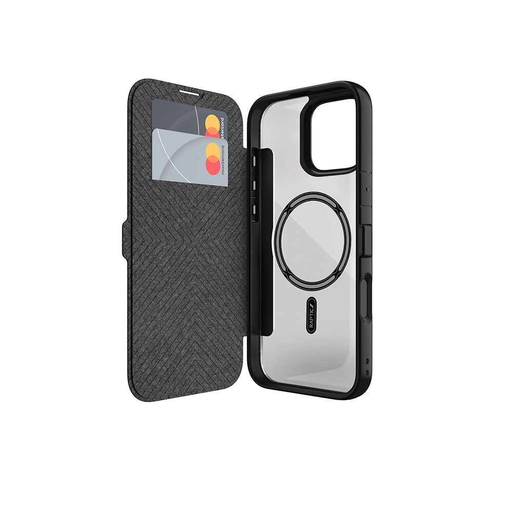 iPhone 16 Pro Kılıf M-safe Şarj Özellikli Vegan Deri Tasarımlı Şeffaf Arka Yüzey Kartlıklı Raptic Urban Folio Serisi Kılıf