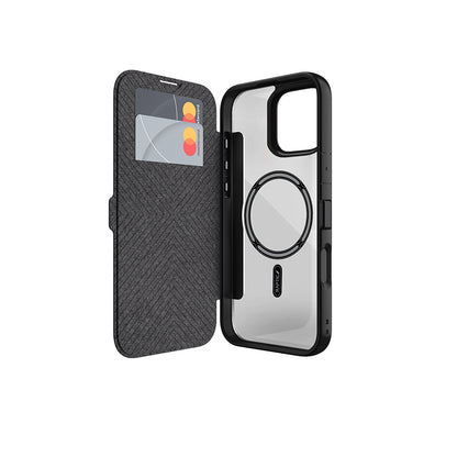 iPhone 16 Pro Kılıf M-safe Şarj Özellikli Vegan Deri Tasarımlı Şeffaf Arka Yüzey Kartlıklı Raptic Urban Folio Serisi Kılıf