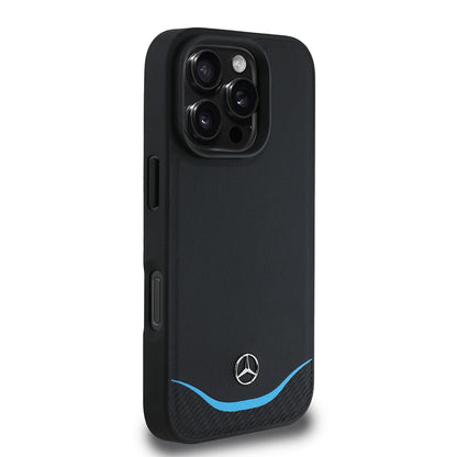 iPhone 16 Pro Kılıf Mercedes Benz Orijinal Lisanslı M-safe Şarj Özellikli 3D Metal Logolu Mavi Yatay Eğri Çizgili Deri Kılıf