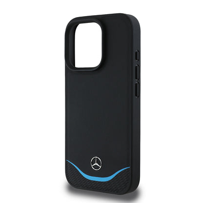 iPhone 16 Pro Kılıf Mercedes Benz Orijinal Lisanslı M-safe Şarj Özellikli 3D Metal Logolu Mavi Yatay Eğri Çizgili Deri Kılıf