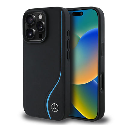 iPhone 16 Pro Kılıf Mercedes Benz orijinal Lisanslı M-safe Şarj Özellikli 3D Metal Logolu Mavi Dikey Eğri Çizgili Deri Kılıf