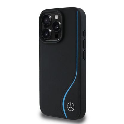 iPhone 16 Pro Kılıf Mercedes Benz orijinal Lisanslı M-safe Şarj Özellikli 3D Metal Logolu Mavi Dikey Eğri Çizgili Deri Kılıf