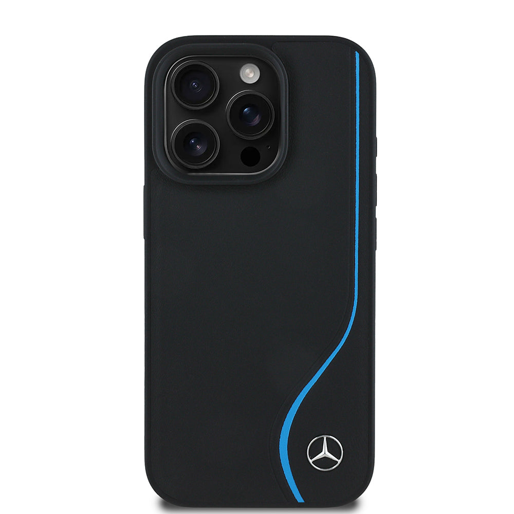 iPhone 16 Pro Kılıf Mercedes Benz orijinal Lisanslı M-safe Şarj Özellikli 3D Metal Logolu Mavi Dikey Eğri Çizgili Deri Kılıf