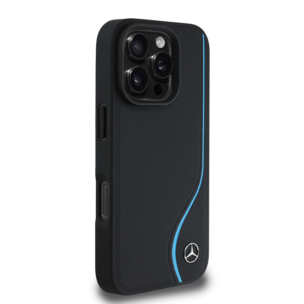 iPhone 16 Pro Kılıf Mercedes Benz orijinal Lisanslı M-safe Şarj Özellikli 3D Metal Logolu Mavi Dikey Eğri Çizgili Deri Kılıf