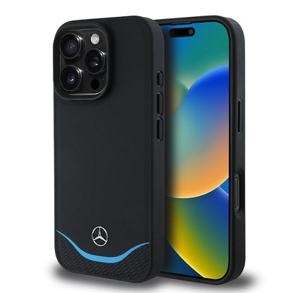 iPhone 16 Pro Kılıf Mercedes Benz OrijinalLisanslı M-safe Şarj Özellikli 3D Metal Logolu Mavi Yatay Eğri Çizgili Deri Kılıf