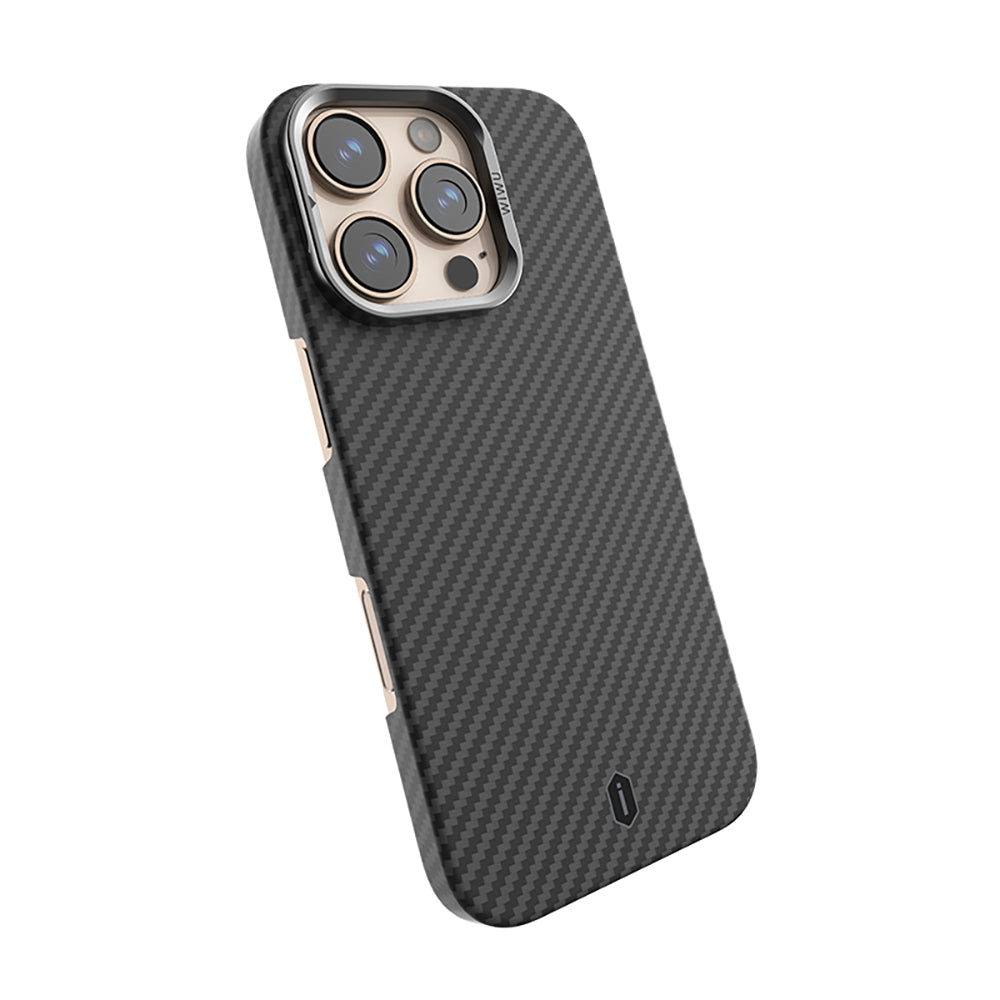 iPhone 16 Pro Kılıf Wiwu DCC-206 M-safe Şarj Özellikli Kamera Standlı Aramid Fiber Tasarım Kevlar Kılıf