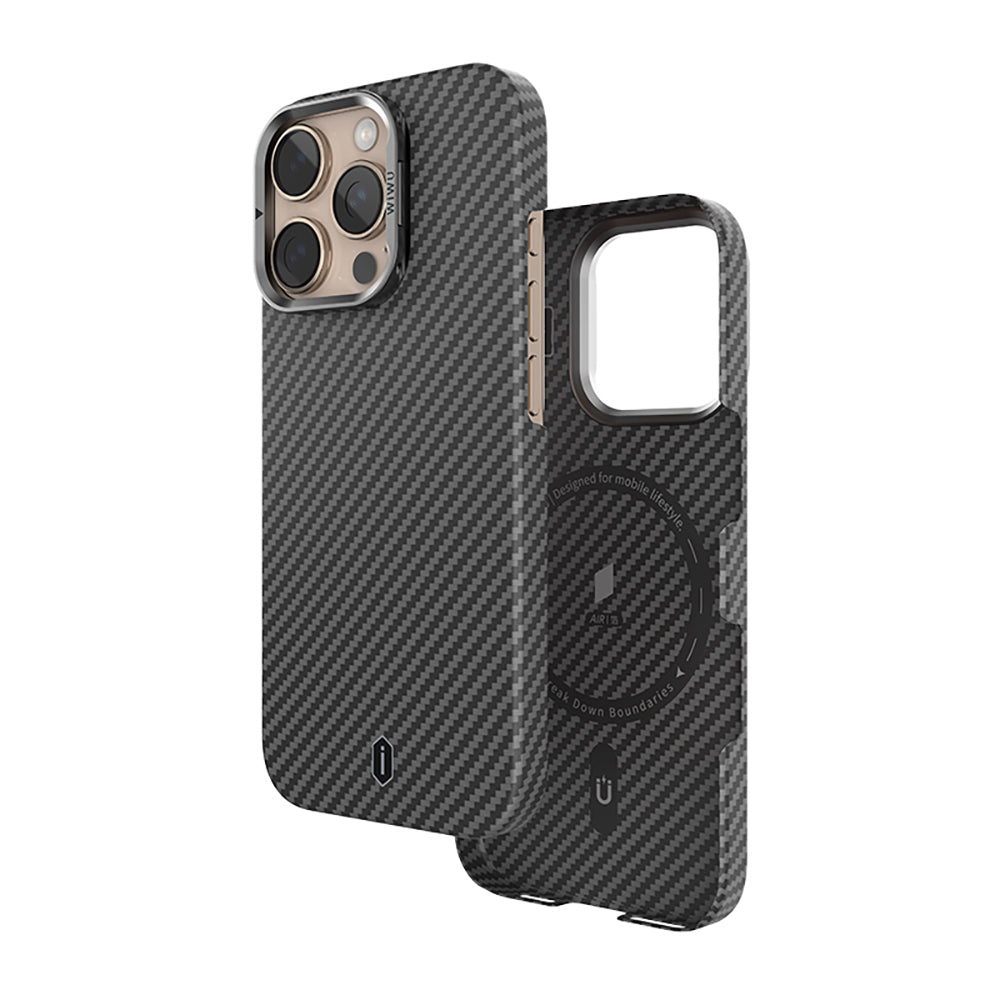 iPhone 16 Pro Kılıf Wiwu DCC-206 M-safe Şarj Özellikli Kamera Standlı Aramid Fiber Tasarım Kevlar Kılıf