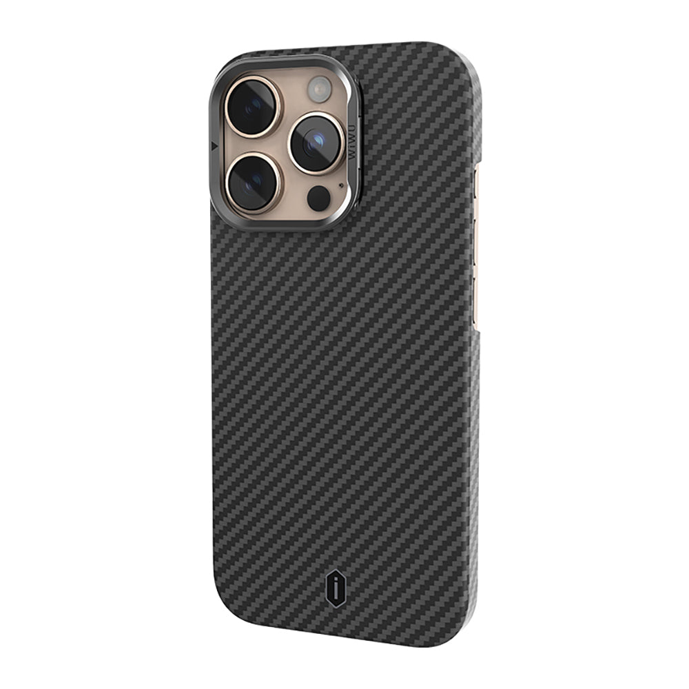 iPhone 16 Pro Kılıf Wiwu DCC-206 M-safe Şarj Özellikli Kamera Standlı Aramid Fiber Tasarım Kevlar Kılıf