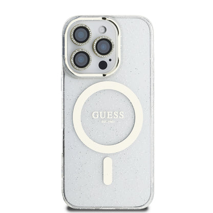 iPhone 16 Pro Max Guess Orijinal Lisanslı 3'lü Aksesuar Seti IML Baskılı Simli Glitter Kılıf + Ekran Koruyucu + Lens Koruyucu