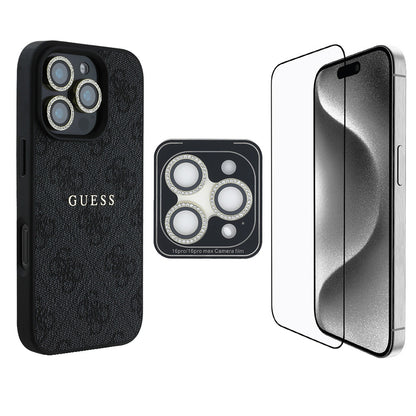 iPhone 16 Pro Max Guess Orijinal Lisanslı Kılıf + Ekran Koruyucu + Lens Koruyucu 3in1 Aksesuar Seti