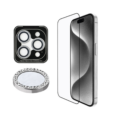 iPhone 16 Pro Max Guess Orijinal Lisanslı Rhinestone Ekran Koruyucu + Lens Koruyucu 2in1 Aksesuar Seti