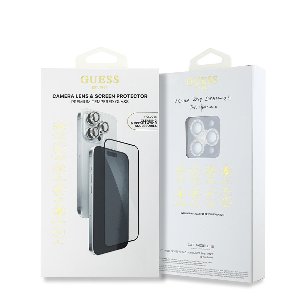 iPhone 16 Pro Max Guess Orijinal Lisanslı Rhinestone Ekran Koruyucu + Lens Koruyucu 2in1 Aksesuar Seti