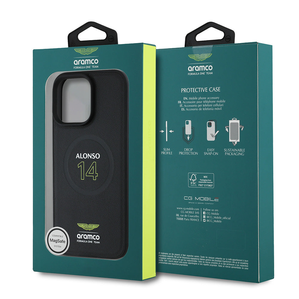 iPhone 16 Pro Max Kılıf Aston Martin Orijinal Lisanslı M-safe Şarj Özellikli PU Deri Alonso 14 Baskılı Kılıf