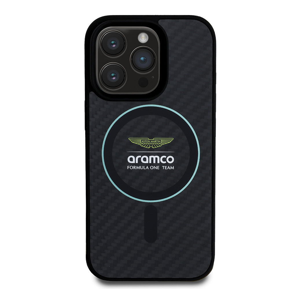 iPhone 16 Pro Max Kılıf Aston Martin Orijinal Lisanslı M-safe Şarj Özellikli Renkli Halka ve Karbon Fiber Tasarımlı Kılıf