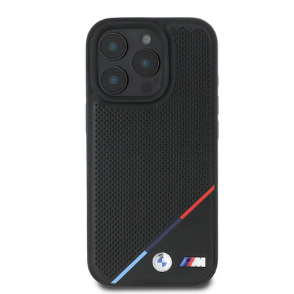 iPhone 16 Pro Max Kılıf BMW Orijinal Lisanslı M-safe Şarj Özellikli M Logolu Üç Çizgili Delikli Deri Kılıf