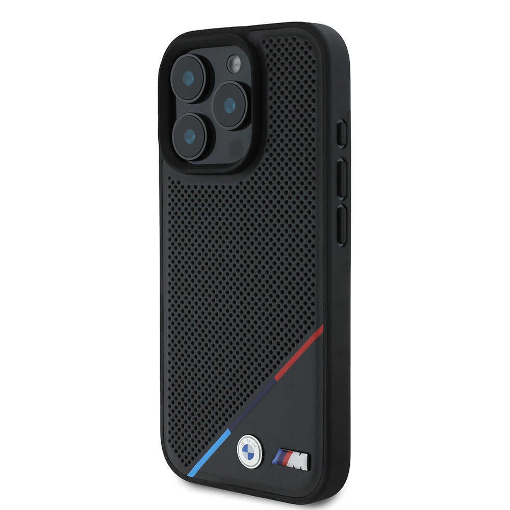 iPhone 16 Pro Max Kılıf BMW Orijinal Lisanslı M-safe Şarj Özellikli M Logolu Üç Çizgili Delikli Deri Kılıf