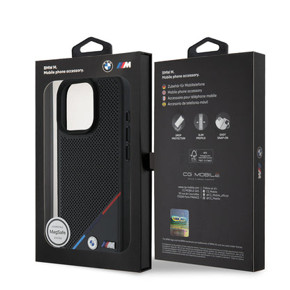 iPhone 16 Pro Max Kılıf BMW Orijinal Lisanslı M-safe Şarj Özellikli M Logolu Üç Çizgili Delikli Deri Kılıf