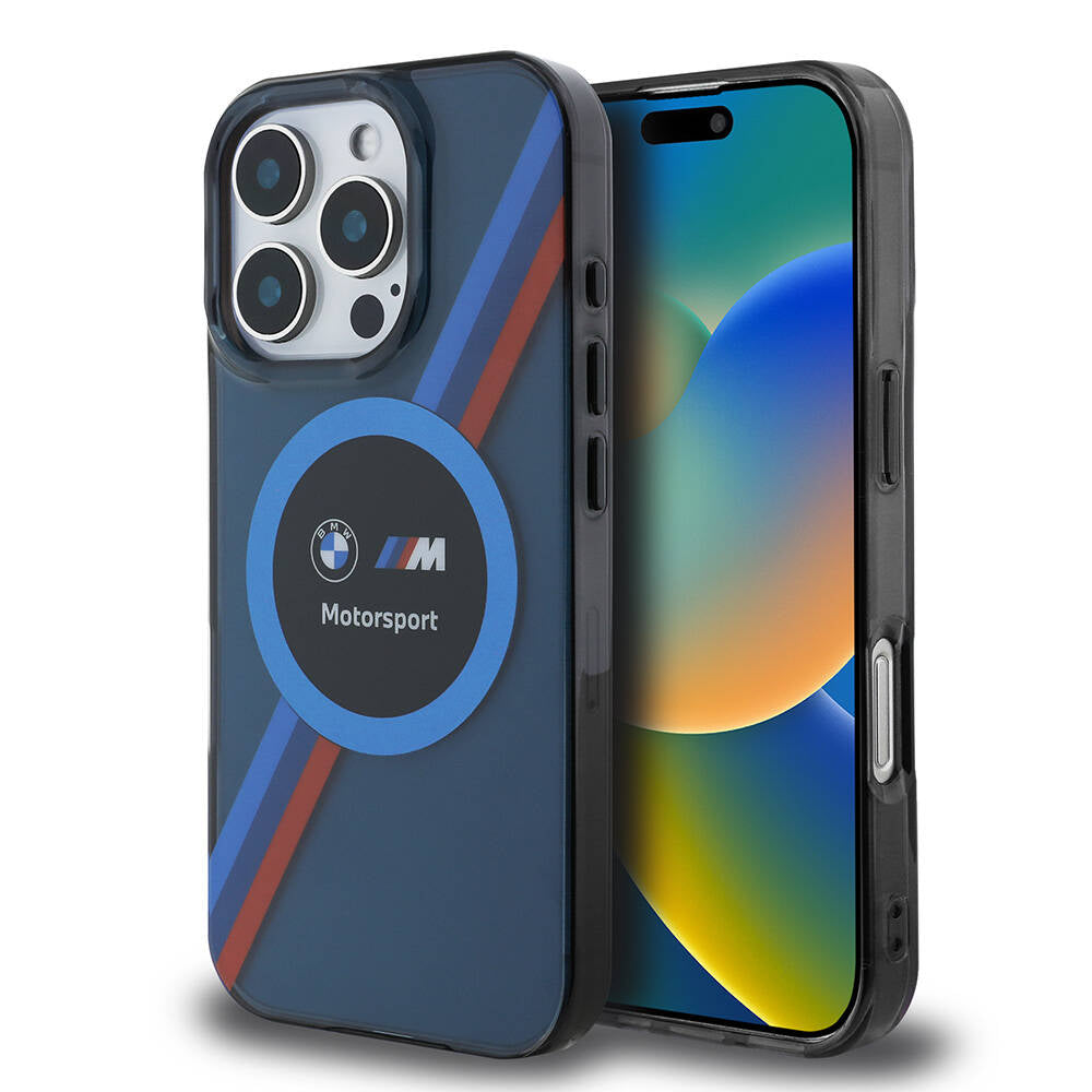 iPhone 16 Pro Max Kılıf BMW Orijinal Lisanslı M-safe Şarj Özellikli M Logolu Üç Renk Çizgili Motorsport Circle Kılıf