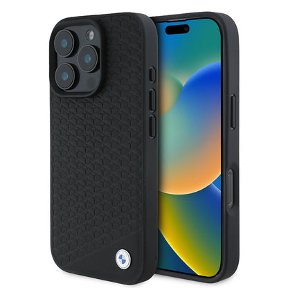 iPhone 16 Pro Max Kılıf BMW Orijinal Lisanslı M-safe Şarj Özellikli Metal Logolu Dokulu Diamond Deri Kılıf