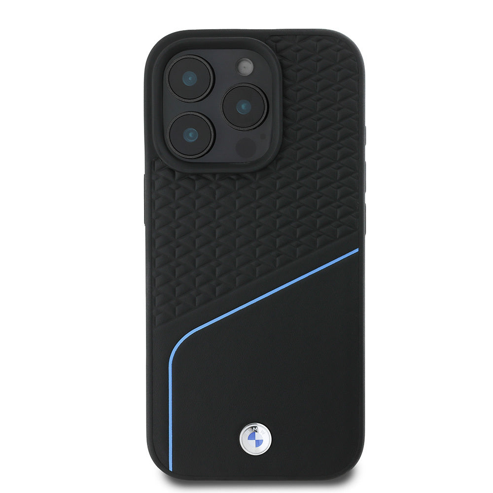 iPhone 16 Pro Max Kılıf BMW Orijinal Lisanslı M-safe Şarj Özellikli Metal Logolu Dokulu ve Çizgili Deri Kılıf