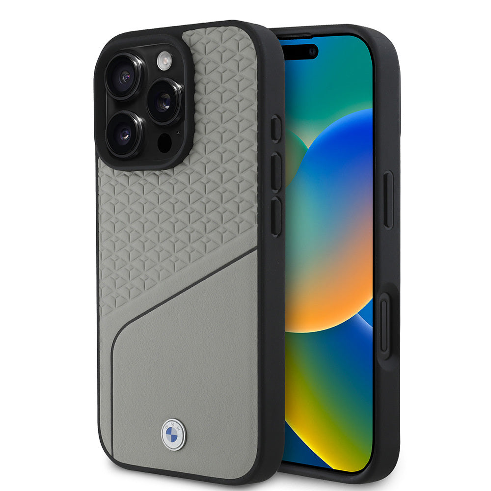 iPhone 16 Pro Max Kılıf BMW Orijinal Lisanslı M-safe Şarj Özellikli Metal Logolu Dokulu ve Çizgili Deri Kılıf