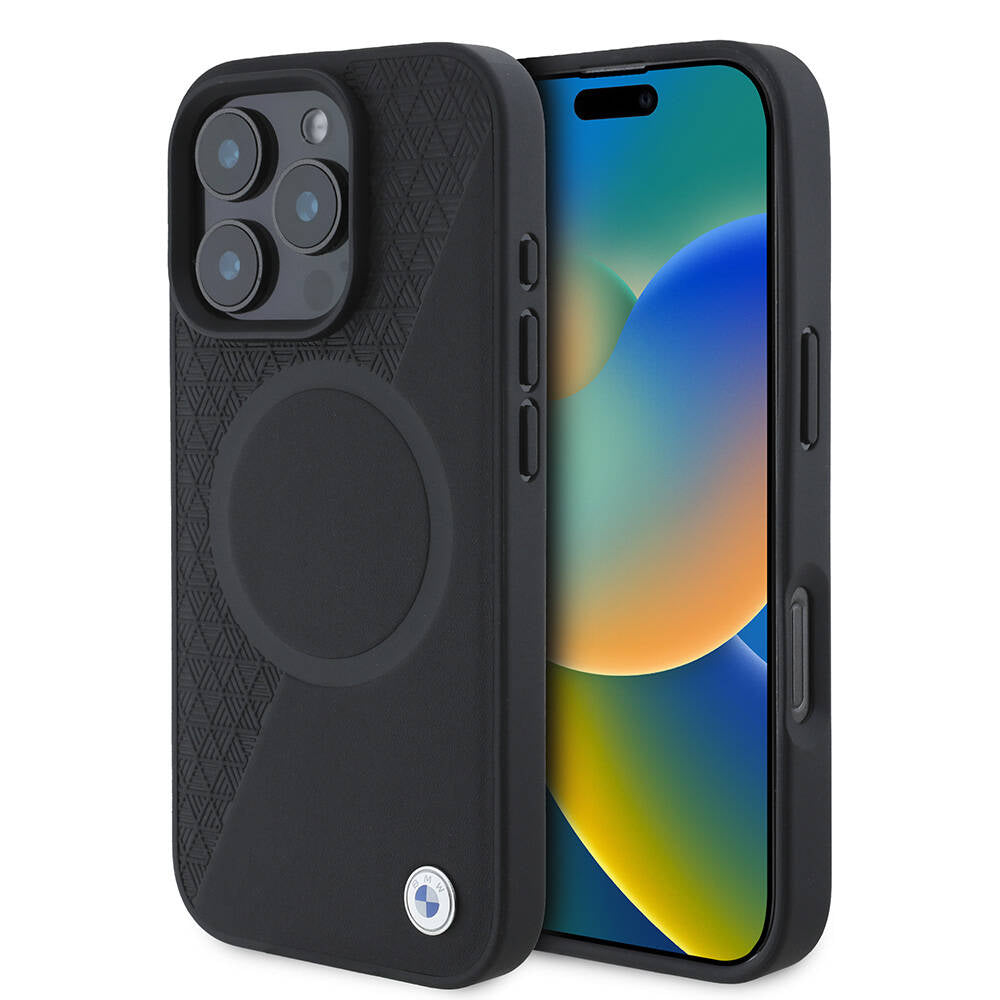 iPhone 16 Pro Max Kılıf BMW Orijinal Lisanslı M-safe Şarj Özellikli Metal Logolu Yarım Dokulu Circle Deri Kılıf