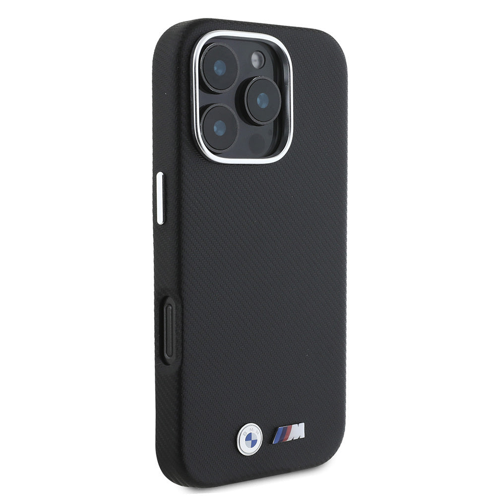 iPhone 16 Pro Max Kılıf BMW Orijinal Lisanslı Tam Sarılmış Kevlar Tasarımlı Metal Logo Suni Deri Kılıf