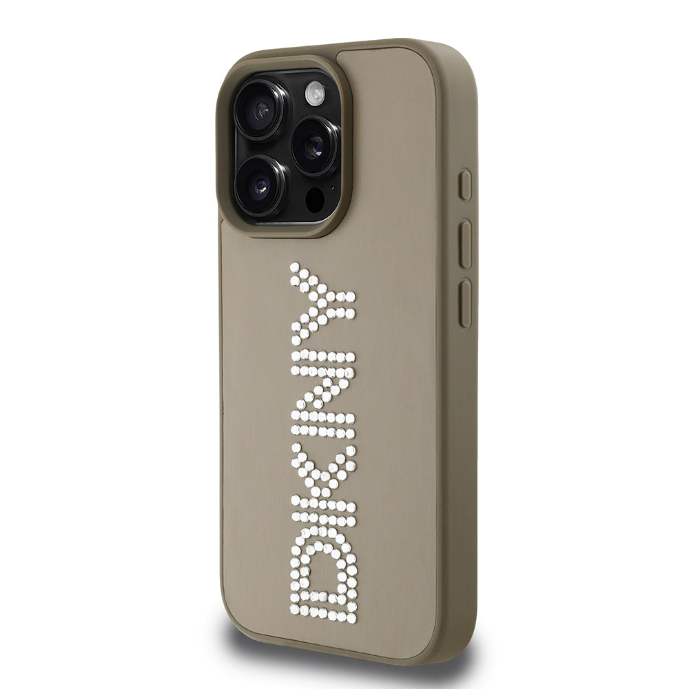 iPhone 16 Pro Max Kılıf DKNY Orijinal Lisanslı Taşlı DKNY Yazılı Metalik Rhinestones PU Deri Kılıf