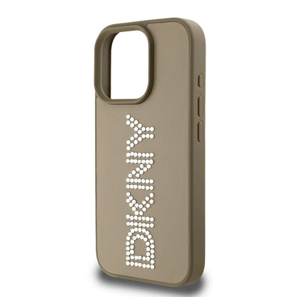 iPhone 16 Pro Max Kılıf DKNY Orijinal Lisanslı Taşlı DKNY Yazılı Metalik Rhinestones PU Deri Kılıf