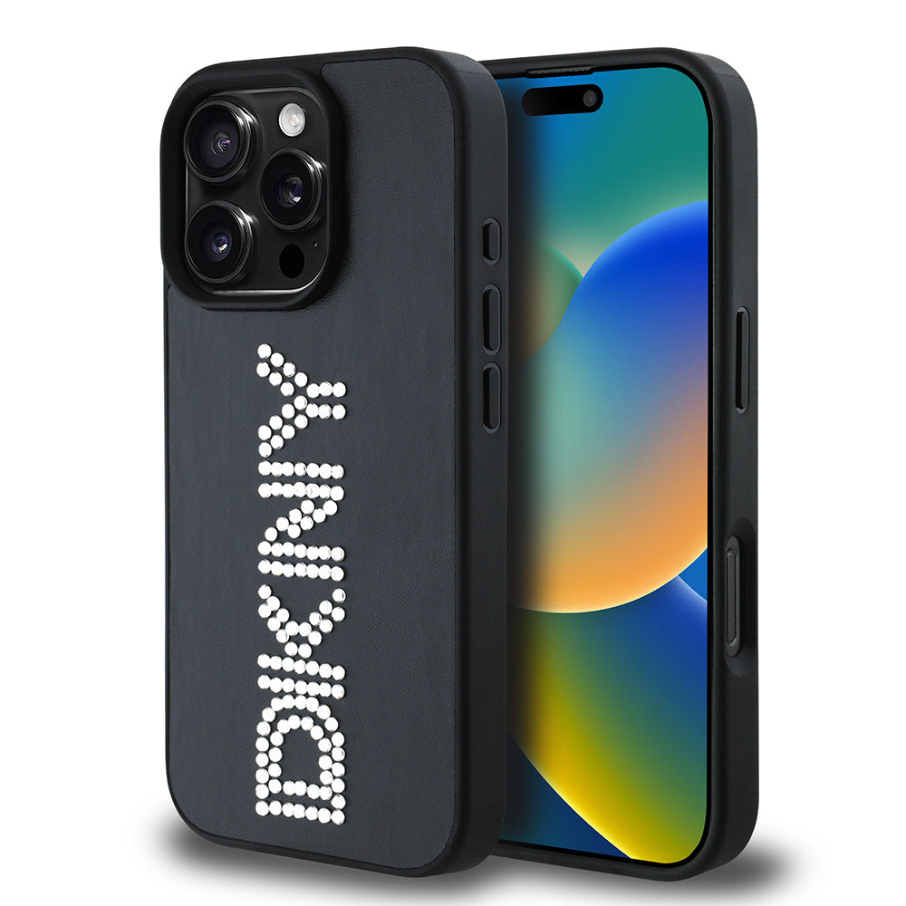iPhone 16 Pro Max Kılıf DKNY Orjinal Lisanslı Taşlı DKNY Yazılı Metalik Rhinestones PU Deri Kılıf