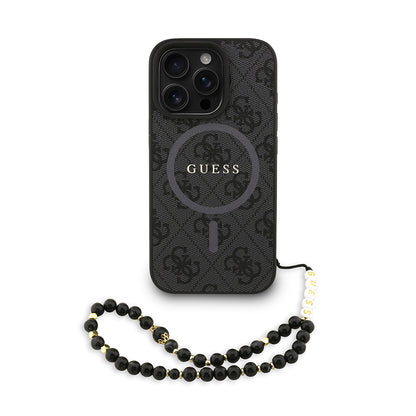 iPhone 16 Pro Max Kılıf Guess Orijinal Lisanslı M-safe Şarj Özellikli PU Deri Bilek Askı İpli Yazı Logolu Kılıf