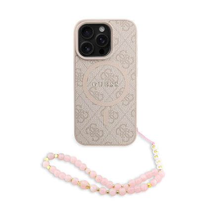 iPhone 16 Pro Max Kılıf Guess Orijinal Lisanslı M-safe Şarj Özellikli PU Deri Bilek Askı İpli Yazı Logolu Kılıf