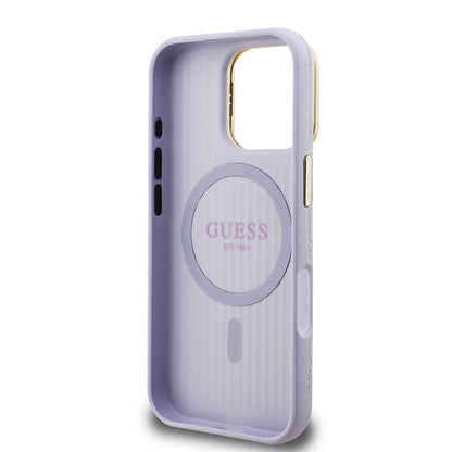 iPhone 16 Pro Max Kılıf Guess Orijinal Lisanslı M-safe Şarj Özellikli Sıcak Baskılı Yazı Logolu Kamera Standlı PU Deri Peony Kılıf