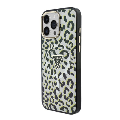 iPhone 16 Pro Max Kılıf Guess Orijinal Lisanslı M-safe Şarj Özellikli Üçgen Logolu Simli Leopar Desenli Kılıf
