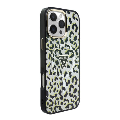 iPhone 16 Pro Max Kılıf Guess Orijinal Lisanslı M-safe Şarj Özellikli Üçgen Logolu Simli Leopar Desenli Kılıf