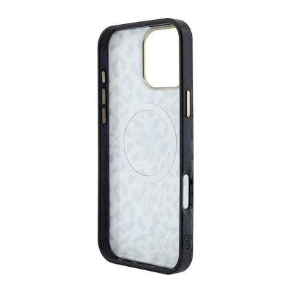 iPhone 16 Pro Max Kılıf Guess Orijinal Lisanslı M-safe Şarj Özellikli Üçgen Logolu Simli Leopar Desenli Kılıf