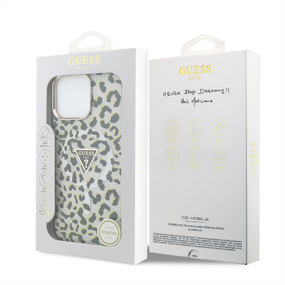 iPhone 16 Pro Max Kılıf Guess Orijinal Lisanslı M-safe Şarj Özellikli Üçgen Logolu Simli Leopar Desenli Kılıf