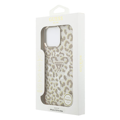 iPhone 16 Pro Max Kılıf Guess Orijinal Lisanslı M-safe Şarj Özellikli Üçgen Logolu Simli Leopar Desenli Kılıf